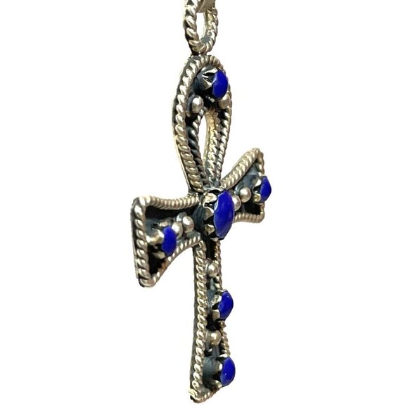 Taxco MX Silver Ankh Necklace Lapis Lazuli Cross Pendant Collar Egyptian 925 - Picture 10 of 16
